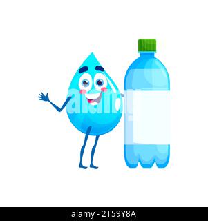 Personnage de goutte d'eau heureuse de dessin animé avec bouteille. Goutte d'eau pure, goutte bleue ou goutte d'eau naturelle égouttement isole vecteur mascotte mignonne. Nettoyer goutte de liquide personnage joyeux et comique avec une bouteille en plastique Illustration de Vecteur