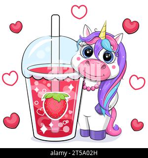 Mignon dessin animé mignon licorne avec une grande boisson à la fraise. Illustration vectorielle d'un animal et une tasse d'eau rouge sur un fond blanc avec des coeurs rouges. Illustration de Vecteur