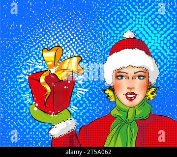 Vecteur pop art fille dans le costume de Père Noël tenant boîte-cadeau Illustration de Vecteur