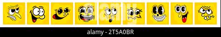 Visages comiques drôles de bande dessinée sur fond jaune. Jaune différents visages des gens. dessin à la main. Pas IA. Illustration vectorielle Illustration de Vecteur