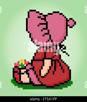 fille assise 8 bits pixel. pour les ressources de jeu et les motifs de point de croix dans les illustrations vectorielles. Illustration de Vecteur