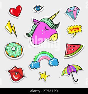 Vector pop art fashion badges excentriques et mignons, patchs Illustration de Vecteur