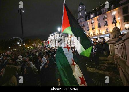 Oslo, Norvège. 03 novembre 2023. Un manifestant tenant un drapeau palestinien est vu lors d'un rassemblement devant le Parlement norvégien. L’armée israélienne a lancé une intense vague d’attaques contre Gaza samedi 7 octobre après que le Hamas, le groupe militant islamiste qui contrôle le territoire, ait été surpris par un assaut coordonné en lançant des centaines de roquettes et en pénétrant dans le sud d’Israël. (Photo Jorge Castellanos/SOPA Images/Sipa USA) crédit : SIPA USA/Alamy Live News Banque D'Images