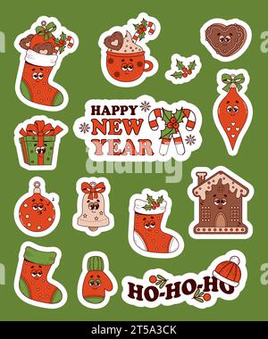 Jeu d'autocollants de personnages de dessins animés rétro de Noël. Noël bas, boule, cadeau, pain d'épices et tasse de cacao. 60 -70s vibes dans un style hippie groovy tendance. ve Illustration de Vecteur