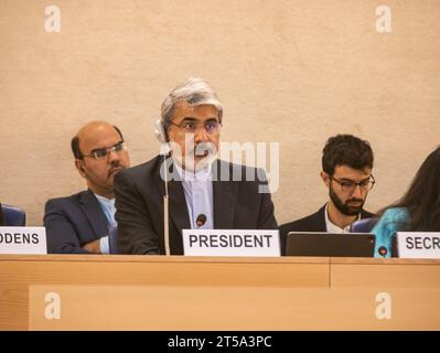 Genève, Suisse. 03 novembre 2023. L'ambassadeur du régime iranien, Ali Bahreini, préside le Forum social du Conseil des droits de l'homme des Nations Unies. Le Forum social s ' est tenu les 2 et 3 novembre au Palais des Nations à Genève. Crédit : SOPA Images Limited/Alamy Live News Banque D'Images