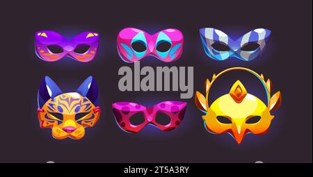 Masques de carnaval pour mascarade ou fête costumée d'Halloween. Ensemble d'illustration vectorielle de dessin animé du théâtre traditionnel et du festival Mardi gras font face à des éléments de déguisement avec la forme d'animaux et des décorations. Illustration de Vecteur