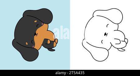 Clipart isolé Teckel chien multicolore et noir et blanc. Mignon Cartoon Puppy. Illustration vectorielle mignonne d'un bébé Kawaii PET pour des impressions pour Illustration de Vecteur