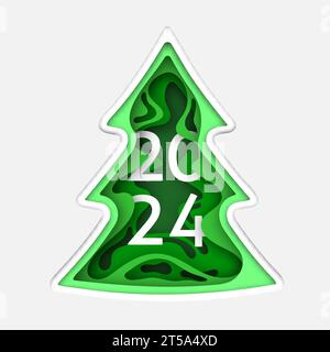 Bonne année 2024. Paper art sapin vert dans un style artisanal réaliste. Fond des vacances de Noël. Illustration vectorielle Illustration de Vecteur