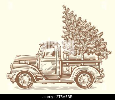 Camion rétro de Noël dessiné à la main avec arbre de pin. Joyeuses fêtes, illustration vectorielle de croquis vintage Illustration de Vecteur
