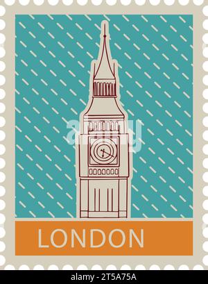 Timbre postal avec GRAND BEN célèbre monument de LONDRES, ROYAUME-UNI Illustration de Vecteur