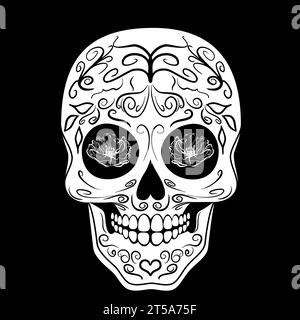 Crâne de sucre avec des fleurs en technique doodle. Illustration vectorielle Illustration de Vecteur