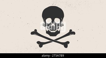 Death Skull Crossbones. Crâne blanc dessiné à la main rétro avec des os croisés sur drapeau pirate blanc. Affiche vintage avec squelette de crâne noir sur fond blanc pour la célébration Halloween. Illustration vectorielle Illustration de Vecteur
