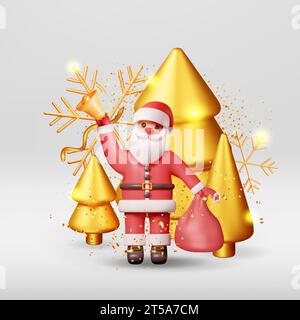 Père Noël 3D avec cloche et arbre de Noël doré Illustration de Vecteur