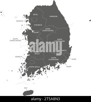Carte vectorielle de la Corée du Sud avec provinces, villes métropolitaines et divisions administratives. Calques modifiables et clairement étiquetés. Illustration de Vecteur