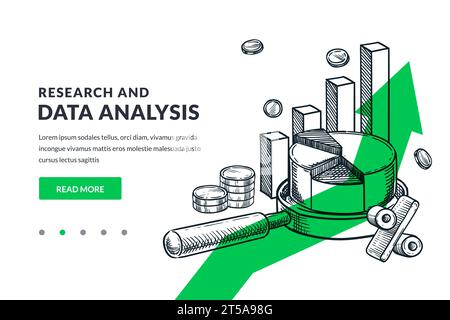 Analyse de données commerciales et concept de recherche. Loupe avec diagramme sur fond de flèche verte. Illustration d'esquisse vectorielle dessinée à la main. Investmen Illustration de Vecteur