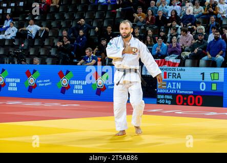 Montpellier, France. 03 novembre 2023. Luka Mkheidze lors du championnat d'Europe de judo 2023 à Montpellier, France le 3 novembre 2023. Photo d'Arnaud Bertrand/ABACAPRESS.COM crédit : Abaca Press/Alamy Live News Banque D'Images