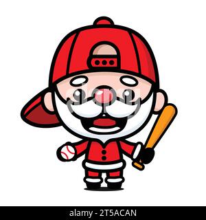 Mignon et kawaii personnage de dessin animé du Père Noël de Noël avec batte de baseball et balle Illustration de Vecteur