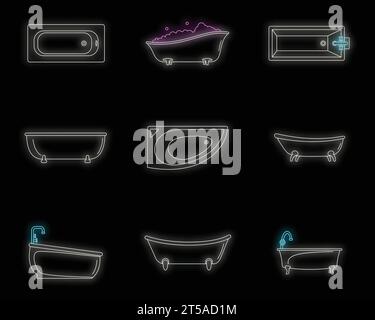 Ensemble d'icônes intérieures de baignoire. Illustration de contour de 9 icônes vectorielles intérieures de baignoire couleur néon sur noir Illustration de Vecteur