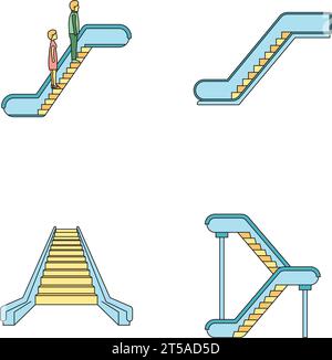 Icônes d'ascenseur d'escalier roulant définies. Illustration de 4 icônes vectorielles d'ascenseur d'escalier roulant de couleur fine de ligne plate sur blanc Illustration de Vecteur