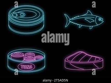 Le thon peut steak icônes définies. Illustration de contour de 4 poissons de thon peut steak icônes vectorielles couleur néon sur noir Illustration de Vecteur