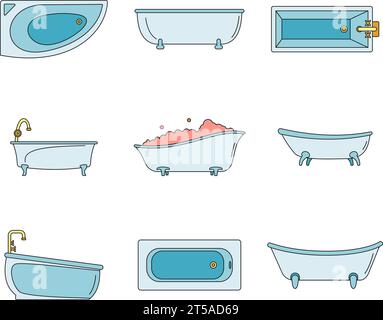 Ensemble d'icônes intérieures de baignoire. Illustration de contour de 9 icônes vectorielles intérieures de baignoire couleur fine de ligne plate sur blanc Illustration de Vecteur