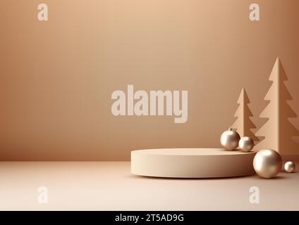 Podium de noël beige réaliste 3D sur un fond brun avec sapin et boules dorées style de luxe. Parfait pour l'affichage de produit, maquettes, salle d'exposition Illustration de Vecteur