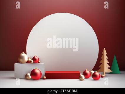 Noël festif 3D décoration de podium de couleur blanche et rouge réaliste avec arbre de pin doré et vert et de nombreuses boules sur fond de mur rouge. Noël ho Illustration de Vecteur