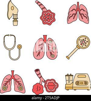 Jeu d'icônes de pneumonie. Contour ensemble d'icônes de vecteur de maladie de pneumonie couleur mince de ligne plate sur blanc Illustration de Vecteur