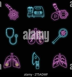 Jeu d'icônes de pneumonie. Contour ensemble d'icônes de vecteur de maladie de pneumonie couleur néon sur noir Illustration de Vecteur