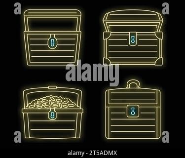 Jeu d'icônes de coffre de la vieille dower. Contour ensemble de vieilles icônes vectorielles de poitrine dower couleur néon sur noir Illustration de Vecteur