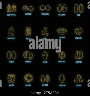 Types d'écrous avec icônes de noms signés définies. Illustration de contour de 20 types d'écrous avec des icônes vectorielles de noms signés couleur néon sur noir Illustration de Vecteur