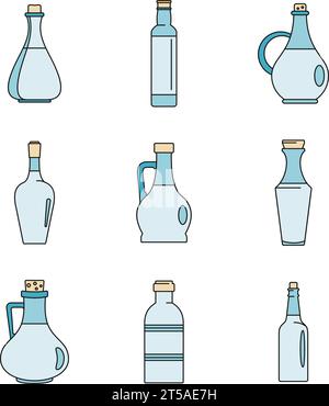 Jeu d'icônes de bouteille de vinaigre. Illustration de 9 icônes de bouteille de vinaigre de couleur fine ligne plate sur blanc Illustration de Vecteur