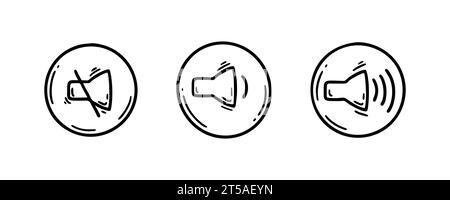 Icônes de son Doodle définies. Symbole du mode secret et son activé. Pictogramme d'esquisse du haut-parleur. Jouez de la musique, de la voix, des boutons d'esquisse de régulation du bruit Illustration de Vecteur