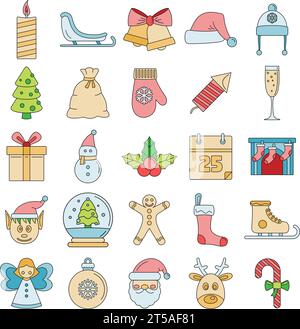Ensemble d'icônes de vacances de Noël. Contour ensemble d'icônes vectorielles de vacances de noël couleur fine de ligne plate sur blanc Illustration de Vecteur