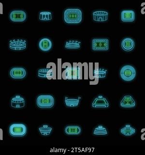 Jeux d'icônes de scène de sport de stade d'arène. Illustration de contour de 25 icônes vectorielles de scène de sport de stade d'arène couleur néon sur noir Illustration de Vecteur