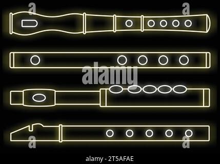 Jeu d'icônes de flûte à musique. Contour ensemble d'icônes vectorielles de flûte de musique couleur néon sur noir Illustration de Vecteur