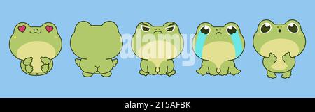 Ensemble de grenouille isolée Kawaii. Collection d'illustrations vectorielles Cartoon Froggy pour autocollants, douche de bébé, pages à colorier, impressions pour vêtements Illustration de Vecteur