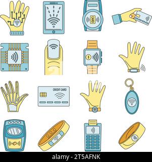 Jeu d'icônes de la technologie nfc intelligente. Contour ensemble d'icônes vectorielles de technologie nfc intelligente couleur de ligne mince plat sur blanc Illustration de Vecteur