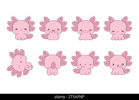 Ensemble de Kawaii Axolotl isolé. Collection d'illustrations vectorielles d'animaux de dessin animé pour autocollants, douche de bébé, pages à colorier, impressions pour vêtements Illustration de Vecteur