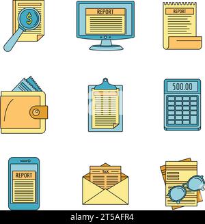 Icône de transaction de rapport de dépenses définie. Contour ensemble d'icônes vectorielles de transaction de rapport de dépenses couleur fine sur blanc Illustration de Vecteur