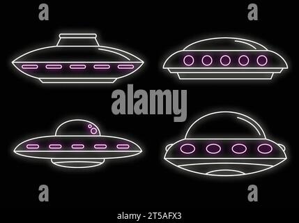 Jeu d'icônes de vaisseau spatial OVNI. Contour ensemble d'icônes de vecteur de vaisseau spatial UFO couleur néon sur noir Illustration de Vecteur