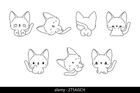 Collection de Vector Cartoon Bengal Cat Coloriage page. Ensemble de Kawaii isolé Baby Kitty Outline pour autocollants, douche de bébé, livre de coloriage, impressions pour Illustration de Vecteur