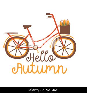 Illustration d'automne - Bonjour citation d'automne avec vélo. Conception d'impression d'automne pour tshirt, impression par sublimation. Logo d'automne confortable. Vecteur stock isolé le Illustration de Vecteur