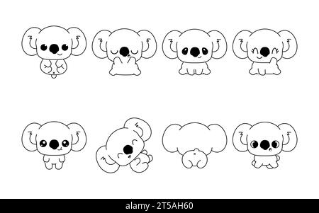 Collection de Vector Cartoon Koala Coloriage page. Ensemble de Kawaii isolé Baby Animal Outline pour autocollants, douche de bébé, livre de coloriage, impressions pour Illustration de Vecteur