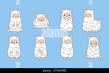 Ensemble de lama isolés Kawaii. Collection de Vector Cartoon Baby Lama illustrations pour autocollants, douche de bébé, pages à colorier, impressions pour vêtements Illustration de Vecteur