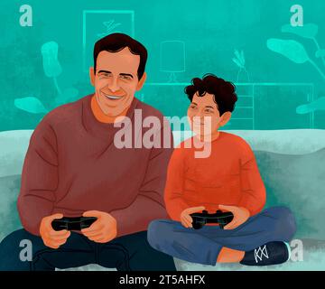 Père et fils jouant à des jeux vidéo, illustration Banque D'Images