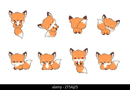 Ensemble de Kawaii renard isolé. Collection d'illustrations vectorielles d'animaux de dessin animé pour autocollants, douche de bébé, pages à colorier, impressions pour vêtements Illustration de Vecteur