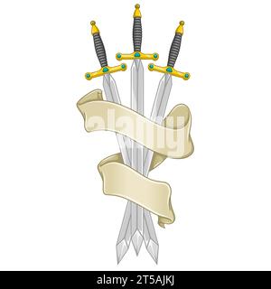 Conception de vecteur d'épée médiévale européenne, épées médiévales entourées de ruban héraldique Illustration de Vecteur