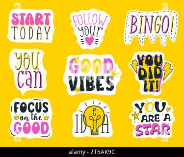 Jeu d'autocollants de motivation. Patchs typographiques mignons, impressions pour les enfants avec des citations. Badges de style Doodle. Oui, vous pouvez, bonnes vibrations. Étiquettes plates de dessins animés. St Illustration de Vecteur