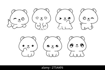 Collection de Vector Cartoon hamster Coloriage page. Ensemble de Kawaii isolé Baby Animal Outline pour autocollants, douche de bébé, livre de coloriage, impressions pour Illustration de Vecteur